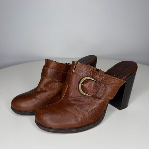 b.ø.c Born Concept Brown Leather Mule Clogs Heeled Slip On Shoes - Women’s 9 - Picture 1 of 9